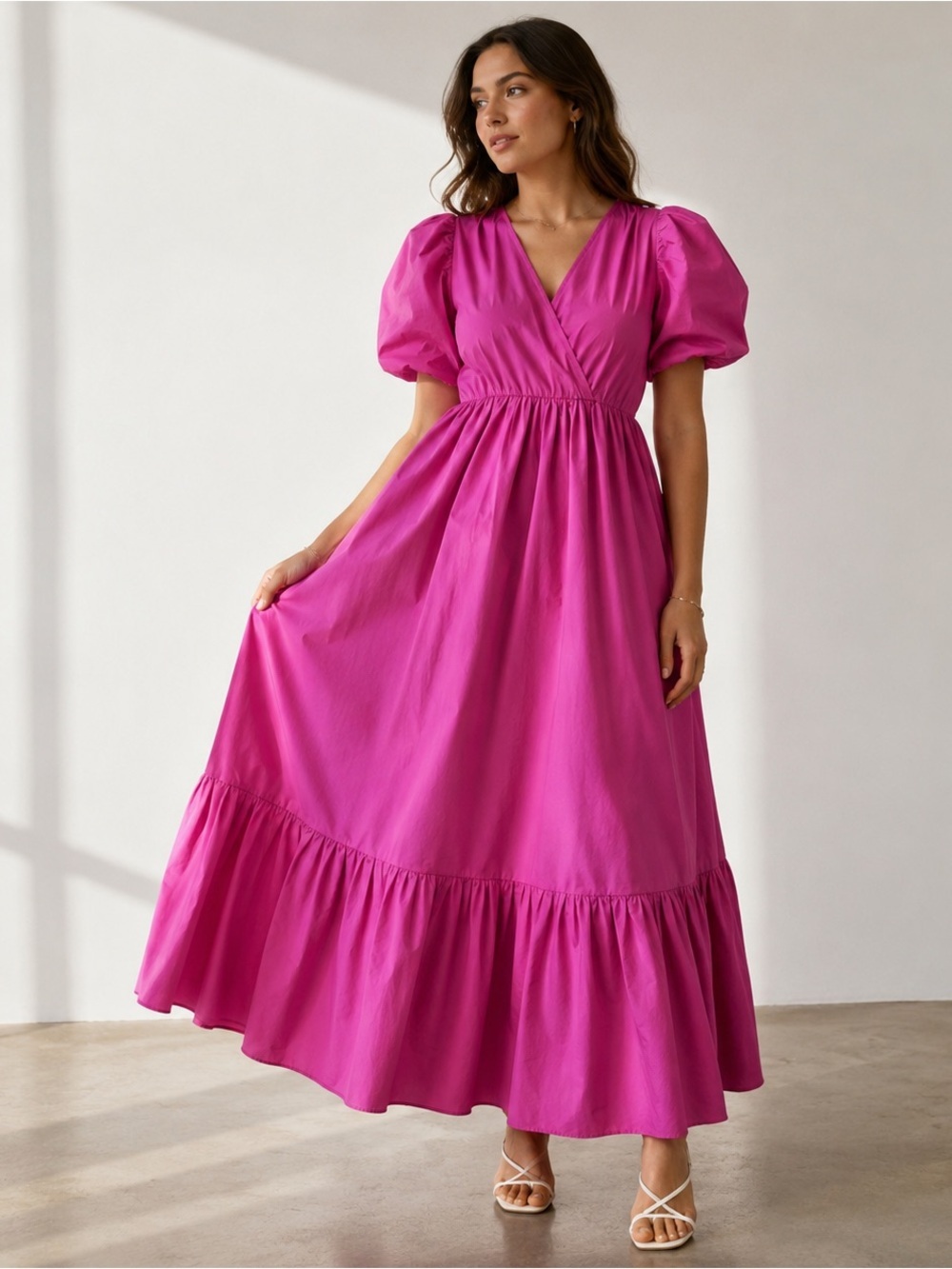 Zara Bright Fuchsia Puff-Sleeve Maxi Dress